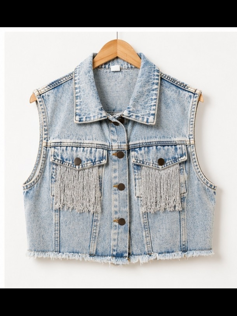 Avid Wash Light Blue Denim Fringe Crop Vest